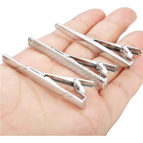 set of 3 silver tie clips stainless steel for men business wedding formal attire - Picture 5 of 7